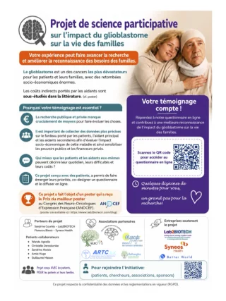 Affiche du projet participatif sur le glioblastome réunissant patients, aidants et familles.